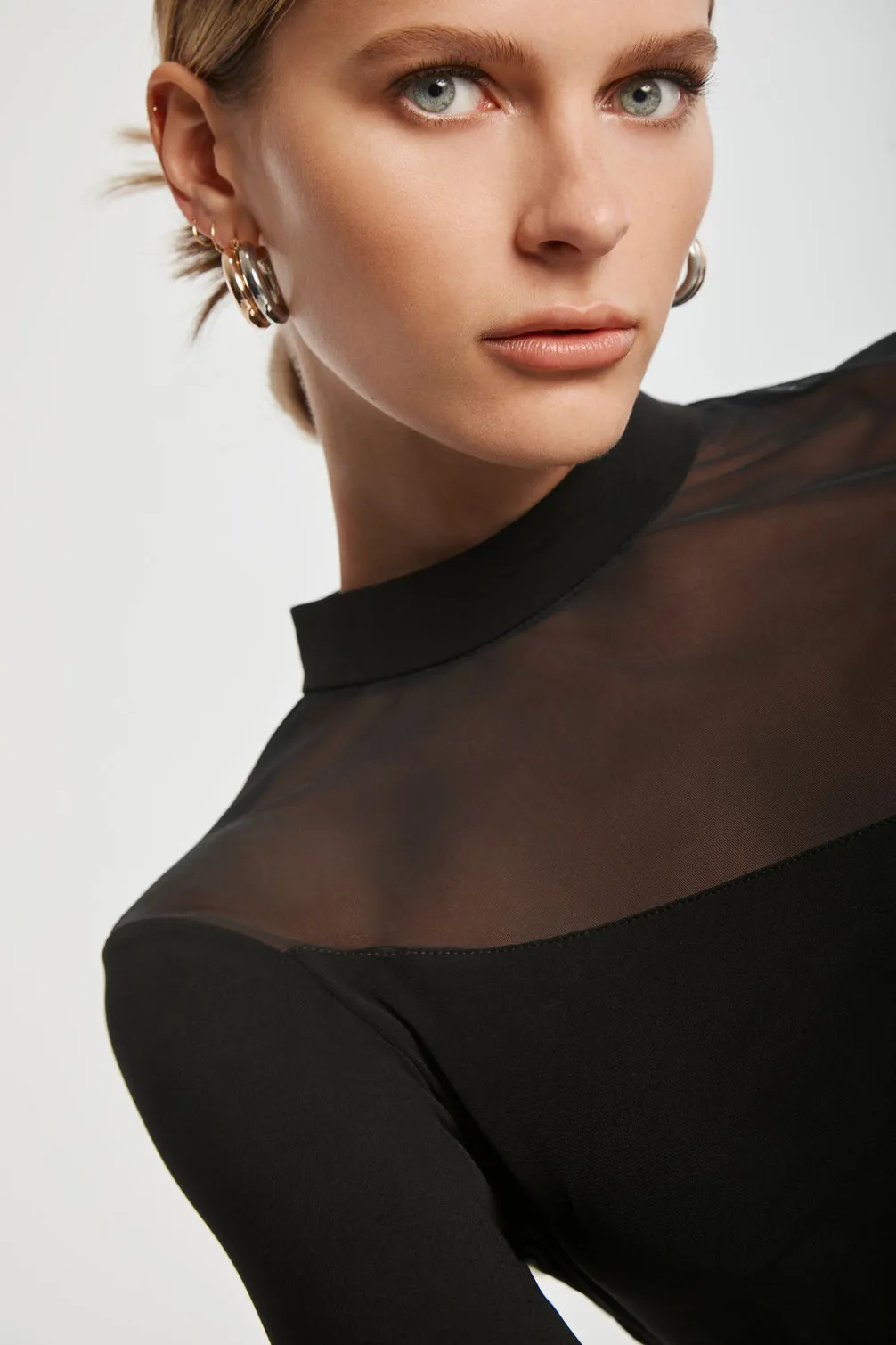 Ruched Mesh Panel Mock Neck