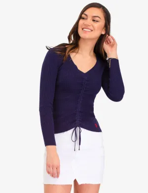 RUCHED RIB V-NECK SWEATER
