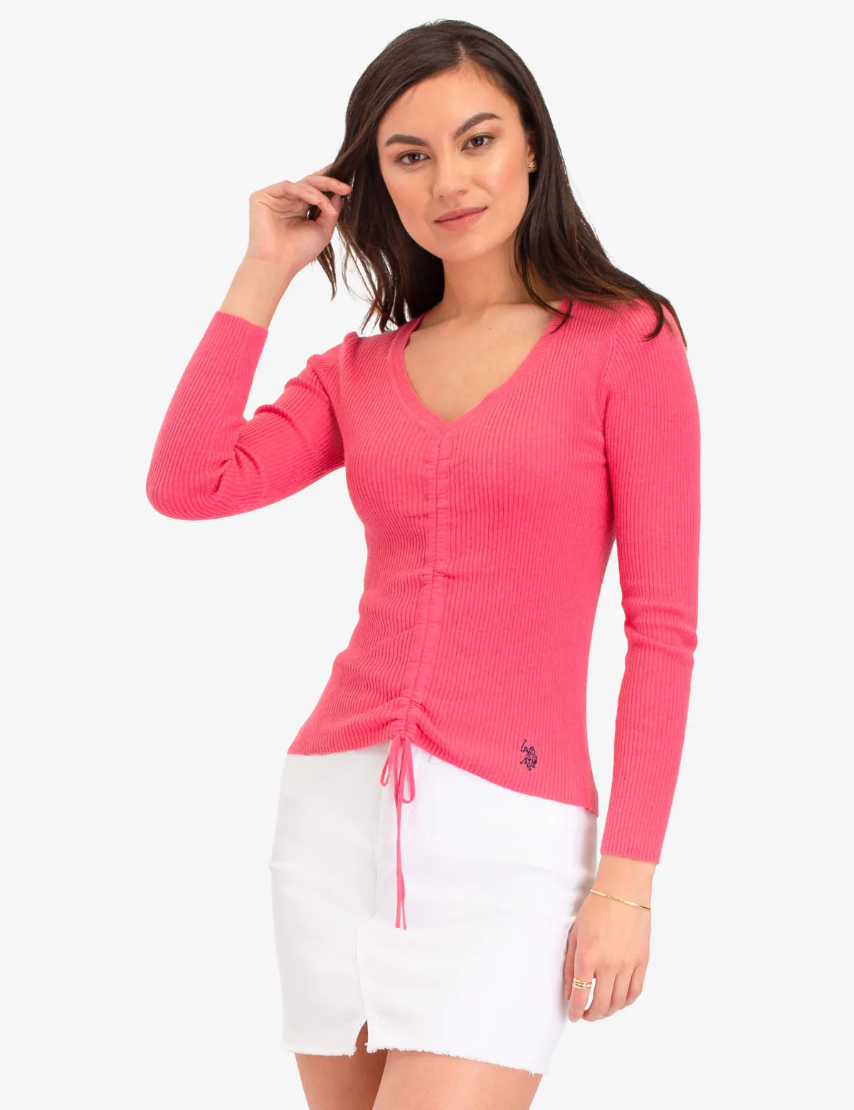 RUCHED RIB V-NECK SWEATER