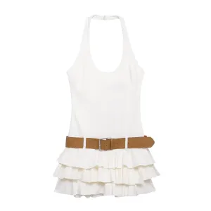 Ruffle Hem Belted Mini Halter Dress