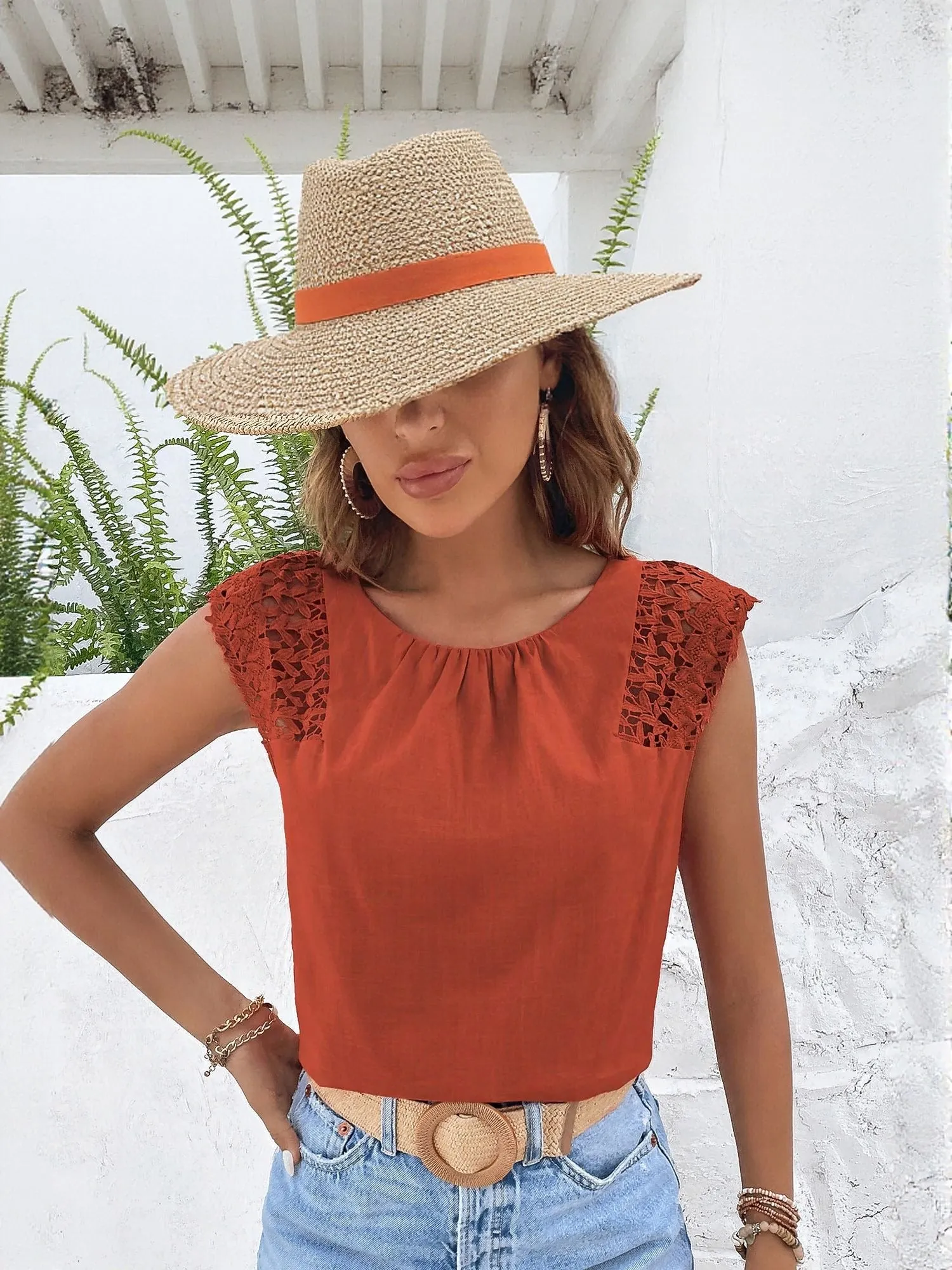 Rust Top With Lace Insert Detail
