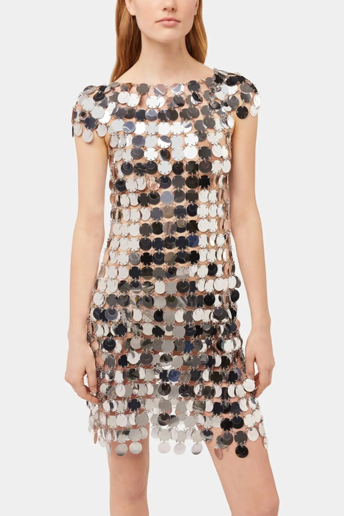 Sequin Chain-Disc Mini Dress in Silver