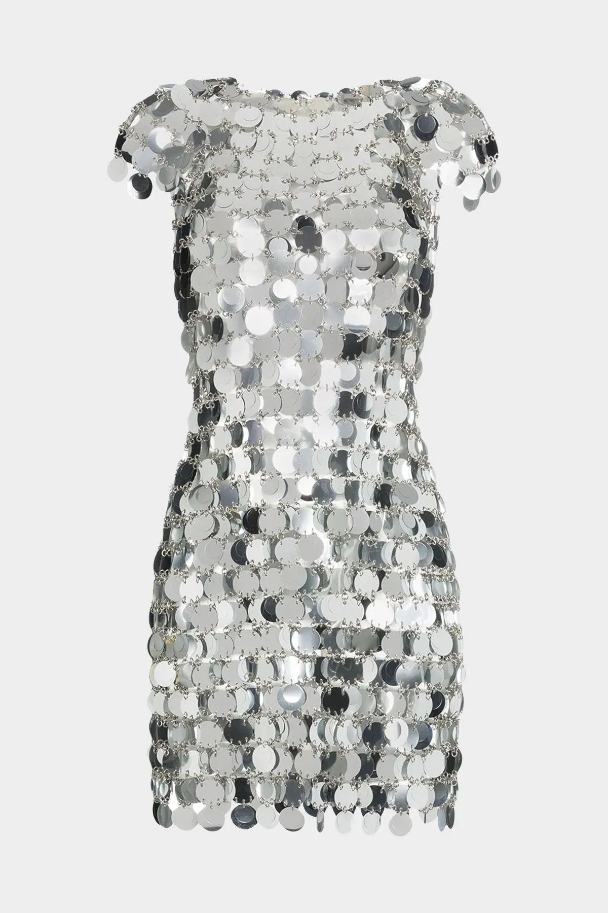 Sequin Chain-Disc Mini Dress in Silver