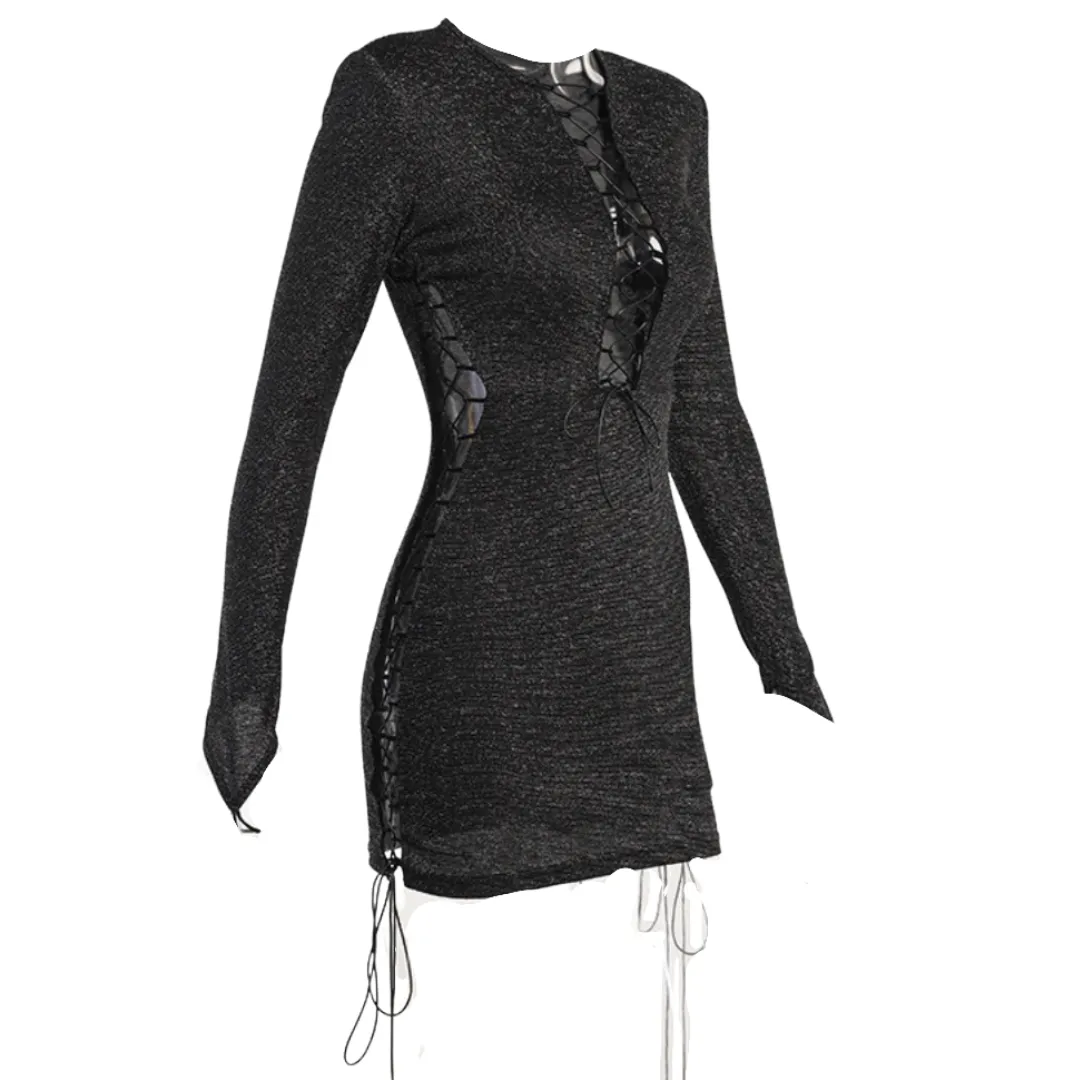 Shimmer Fabric Lace Up Bodycon Mini Dress