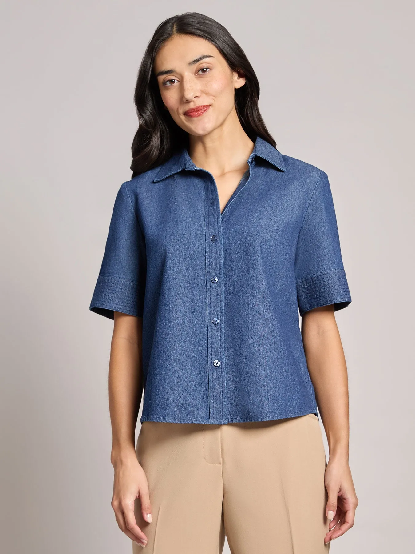 Short Sleeve Button Front Top, Chambray