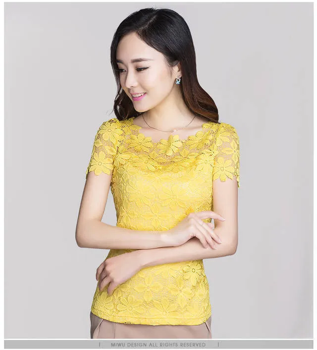 Short Sleeve Tee Shirt Top For Women Clothing Women Lace Blouse Floral Sheer Blouses M-5XL