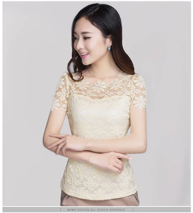 Short Sleeve Tee Shirt Top For Women Clothing Women Lace Blouse Floral Sheer Blouses M-5XL