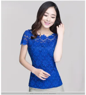 Short Sleeve Tee Shirt Top For Women Clothing Women Lace Blouse Floral Sheer Blouses M-5XL