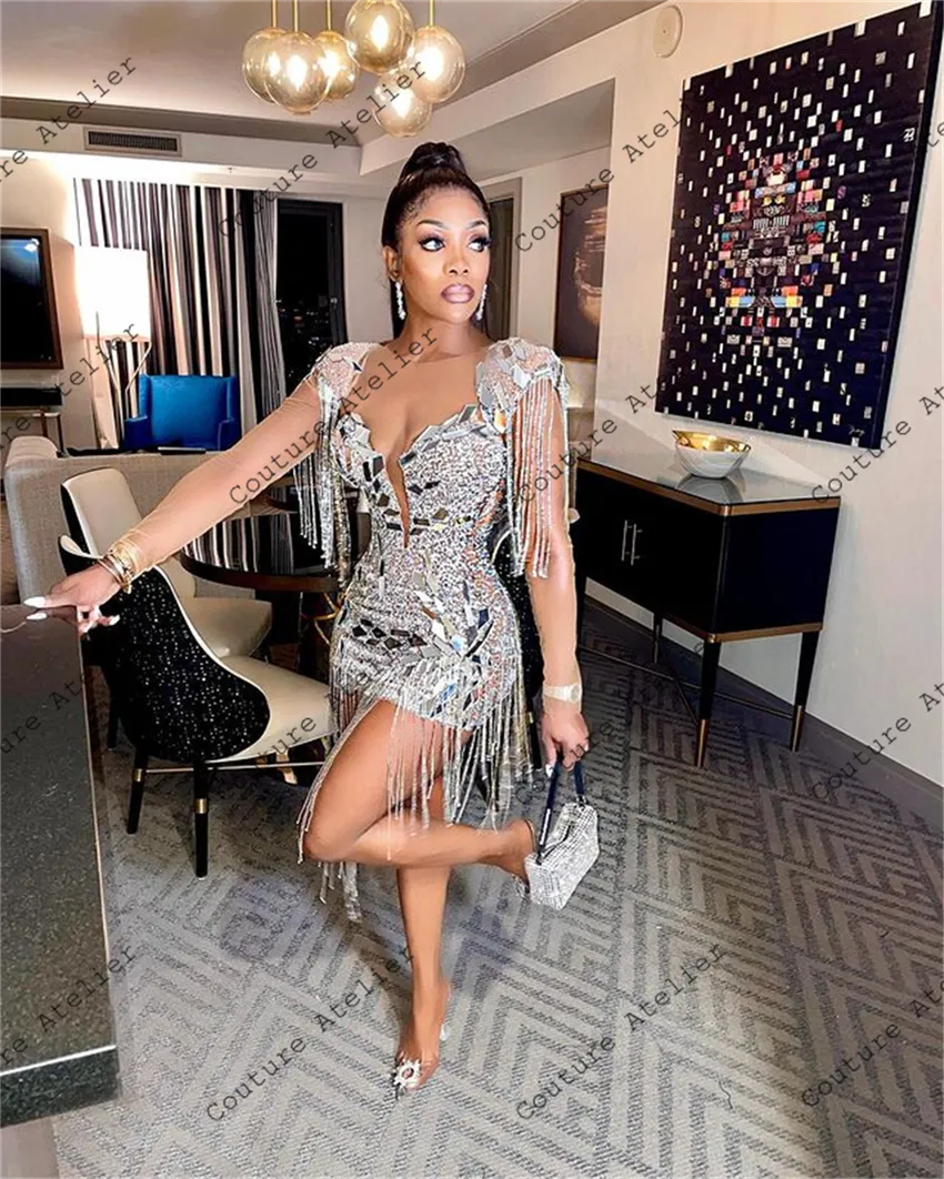 Silver Long Sleeve Tassels Dress