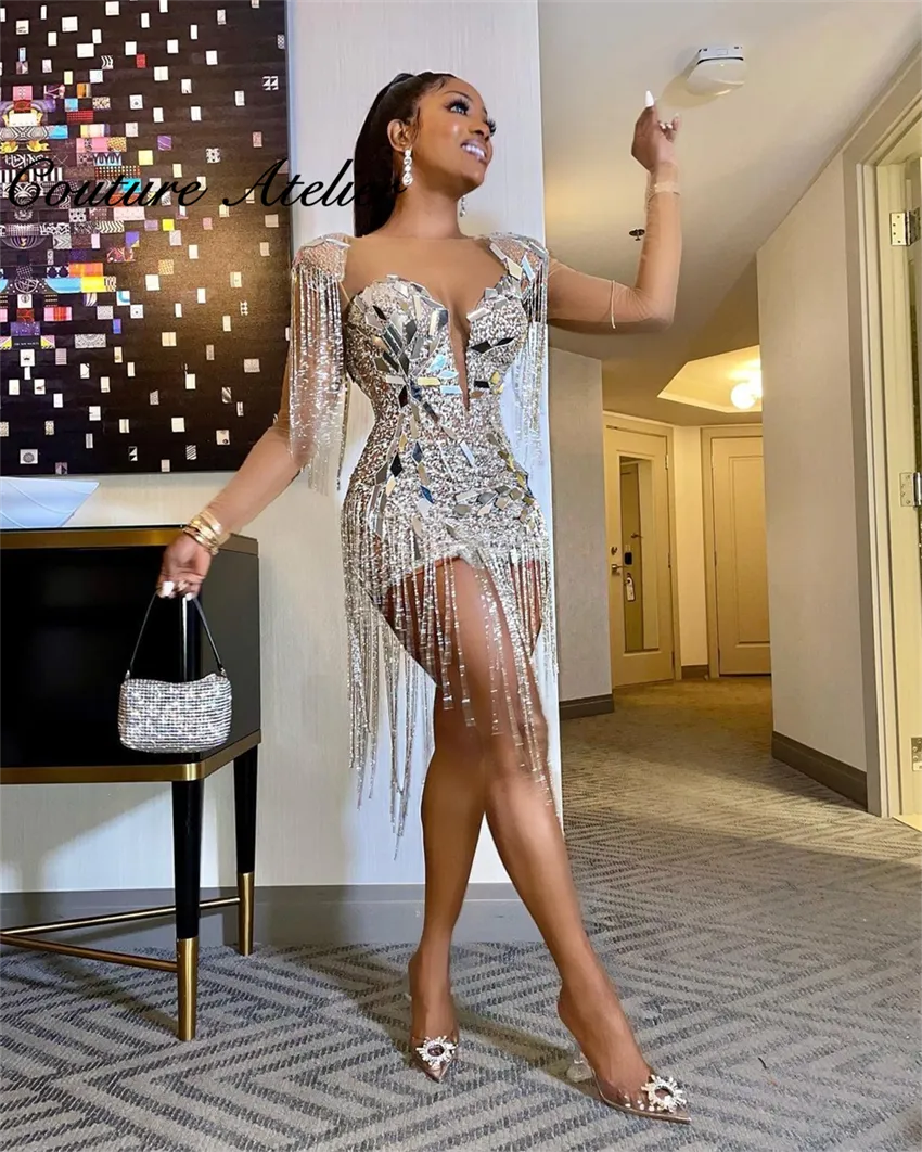 Silver Long Sleeve Tassels Dress