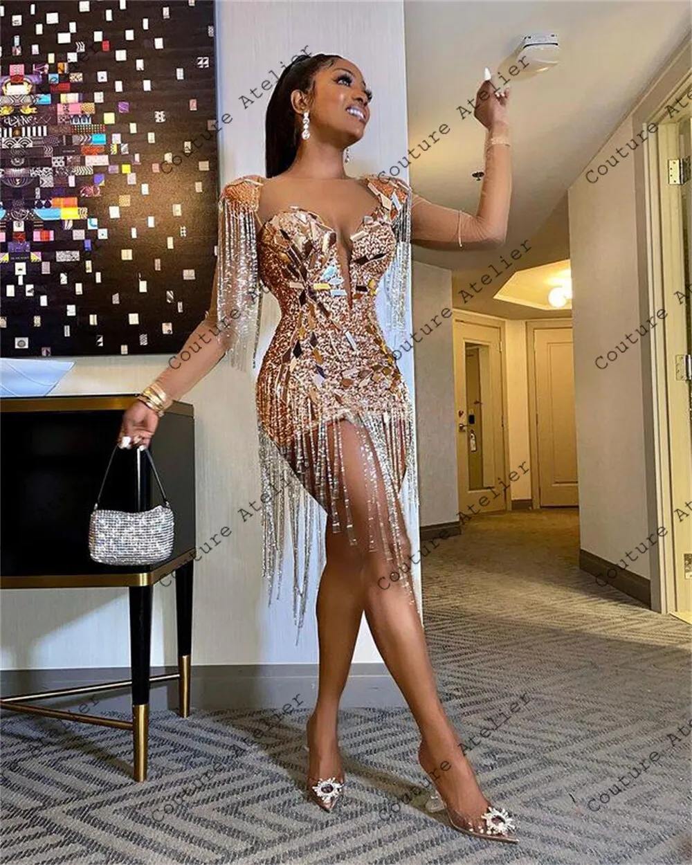 Silver Long Sleeve Tassels Dress