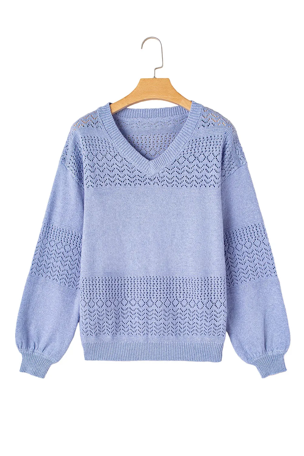 Sky Blue Eyelet Pattern Detail V Neck Drop Shoulder Sweater