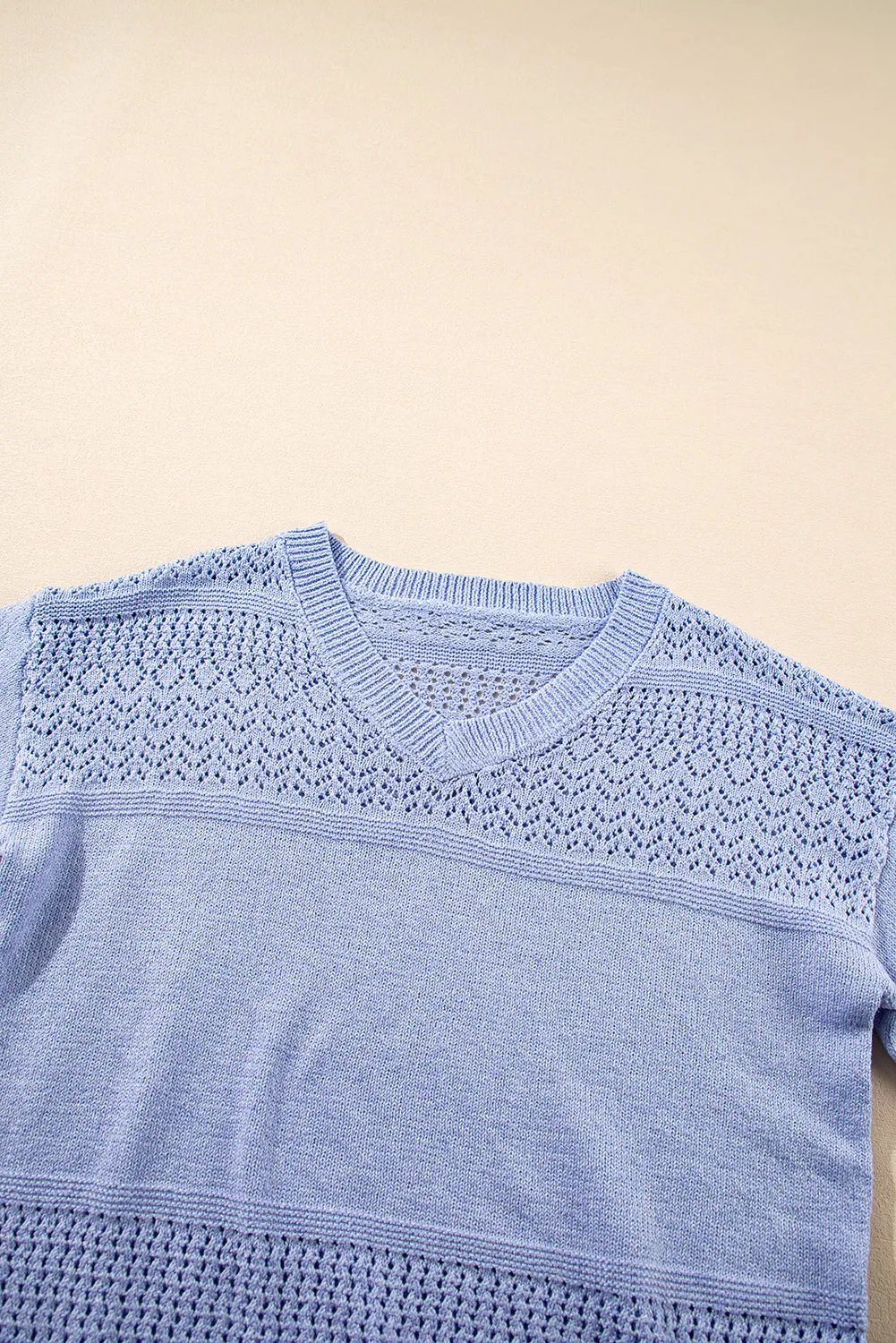 Sky Blue Eyelet Pattern Detail V Neck Drop Shoulder Sweater
