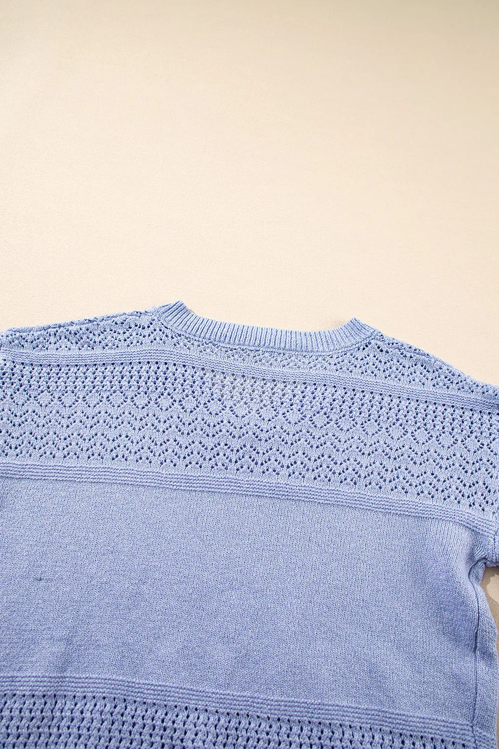 Sky Blue Eyelet Pattern Detail V Neck Drop Shoulder Sweater