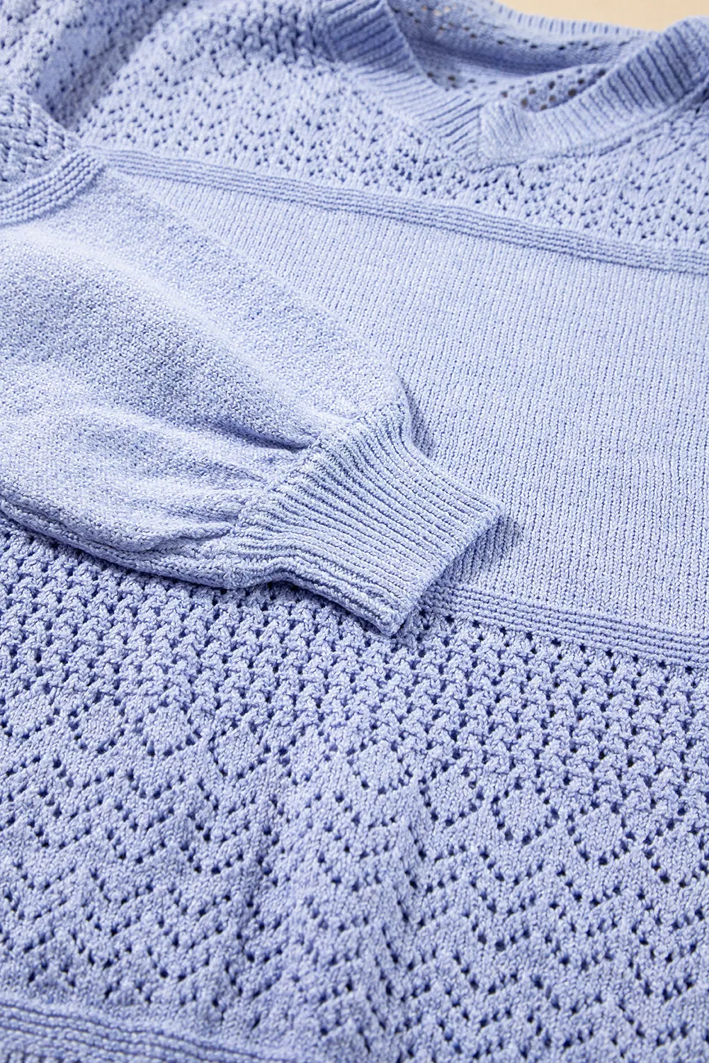 Sky Blue Eyelet Pattern Detail V Neck Drop Shoulder Sweater