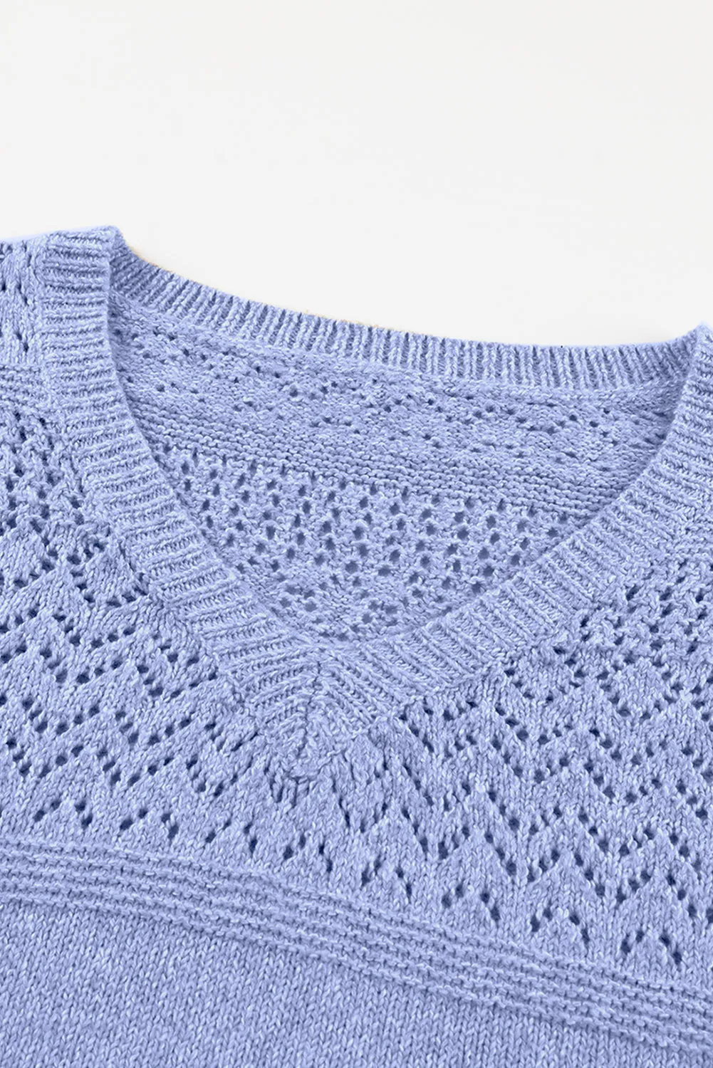 Sky Blue Eyelet Pattern Detail V Neck Drop Shoulder Sweater