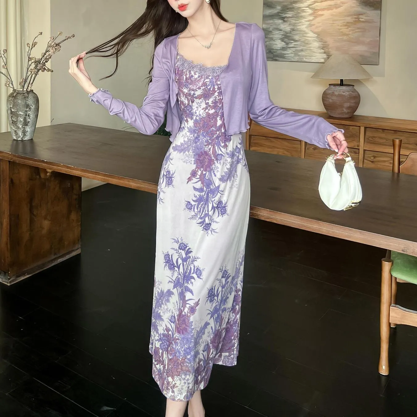 Slinky Lace Trim Maxi Dress for Women