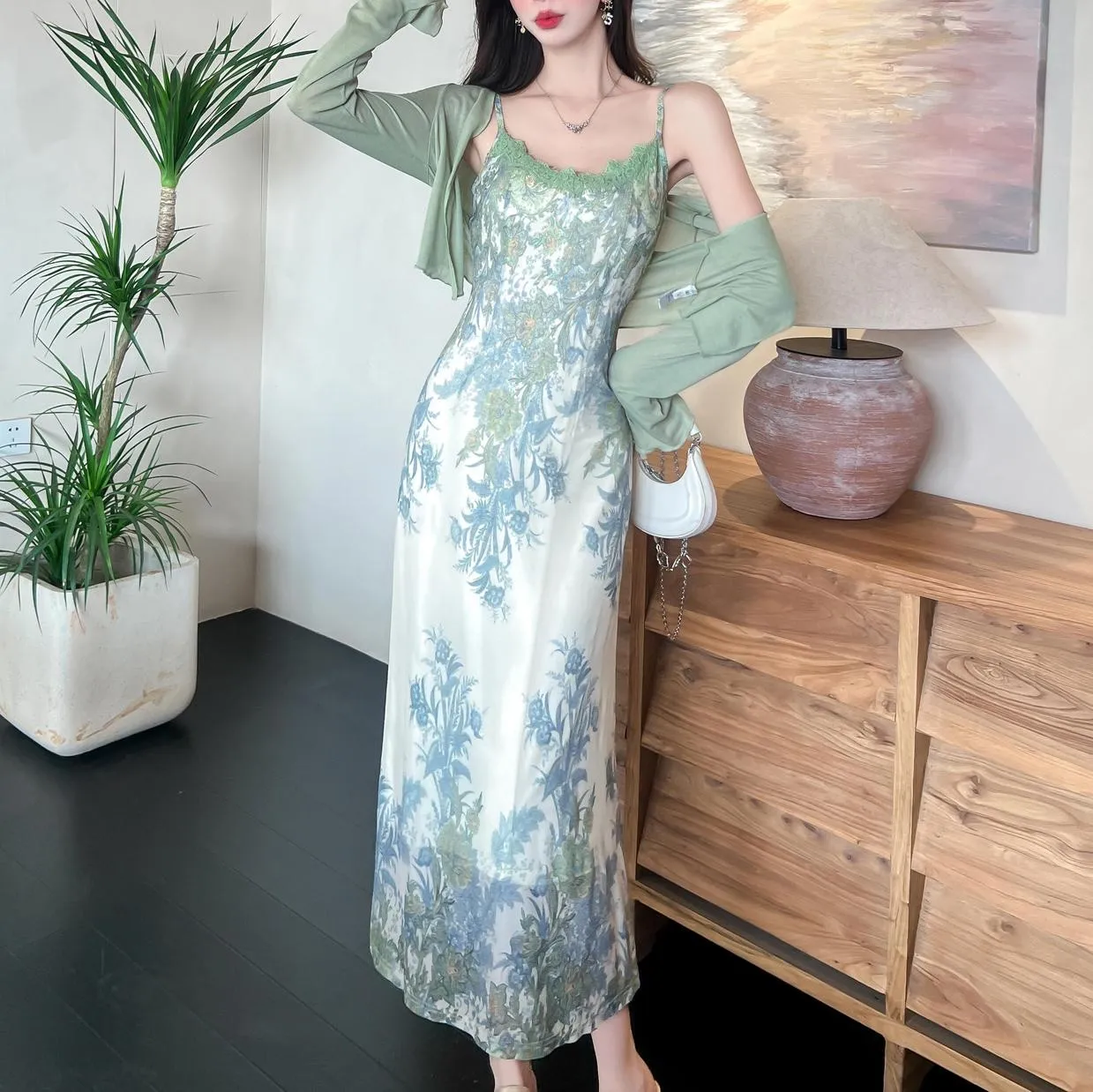 Slinky Lace Trim Maxi Dress for Women
