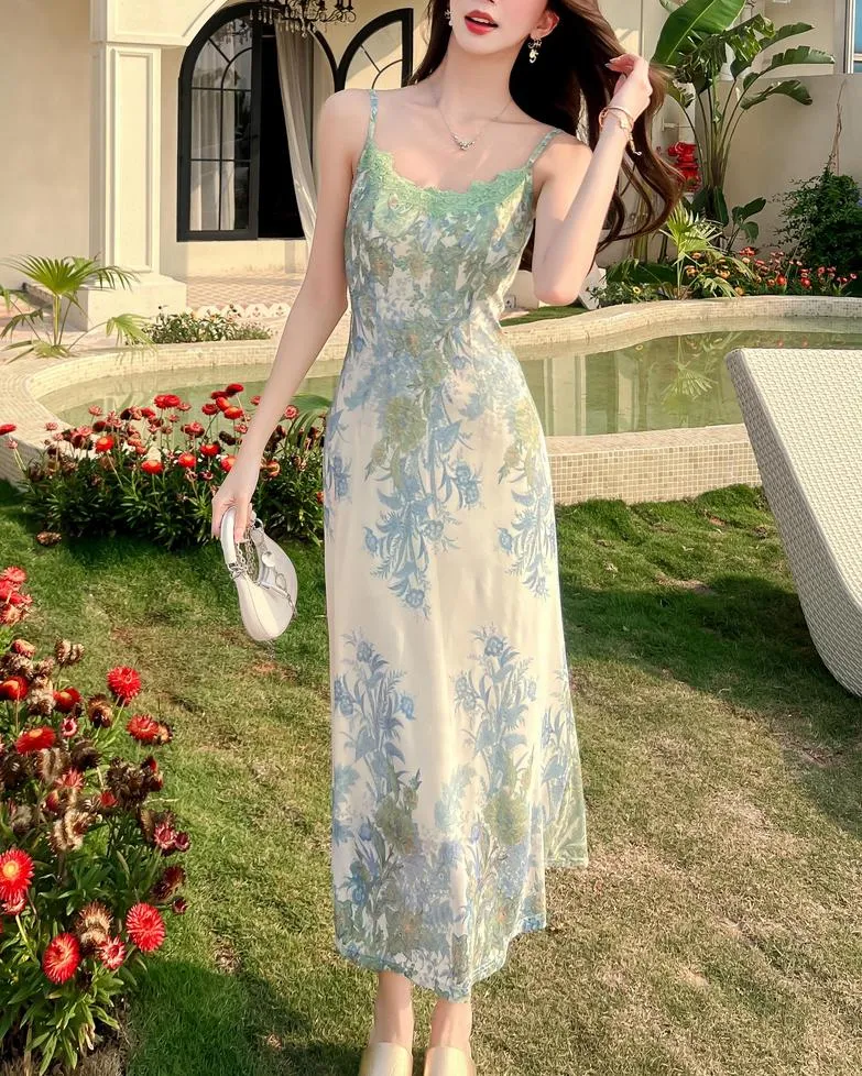 Slinky Lace Trim Maxi Dress for Women