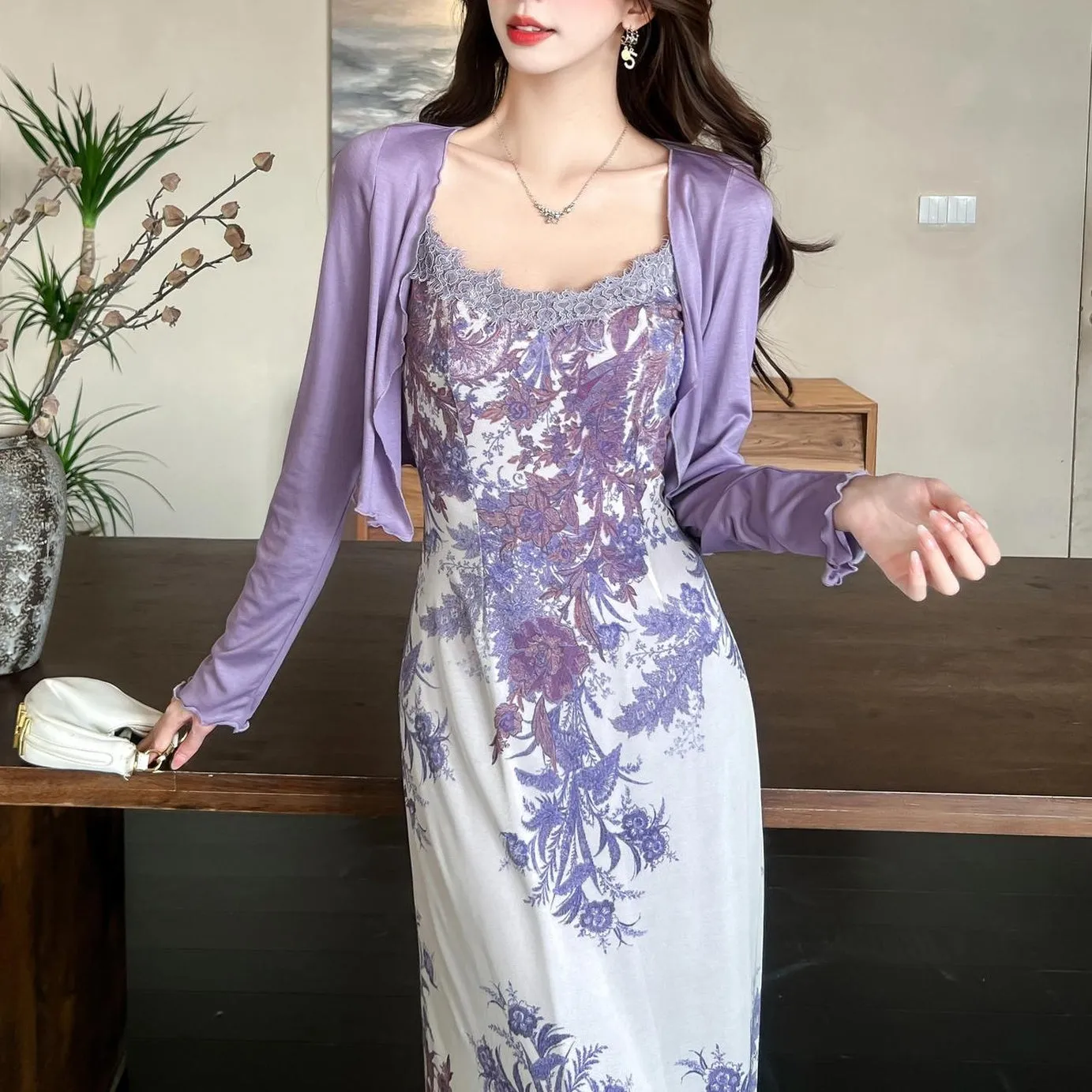Slinky Lace Trim Maxi Dress for Women