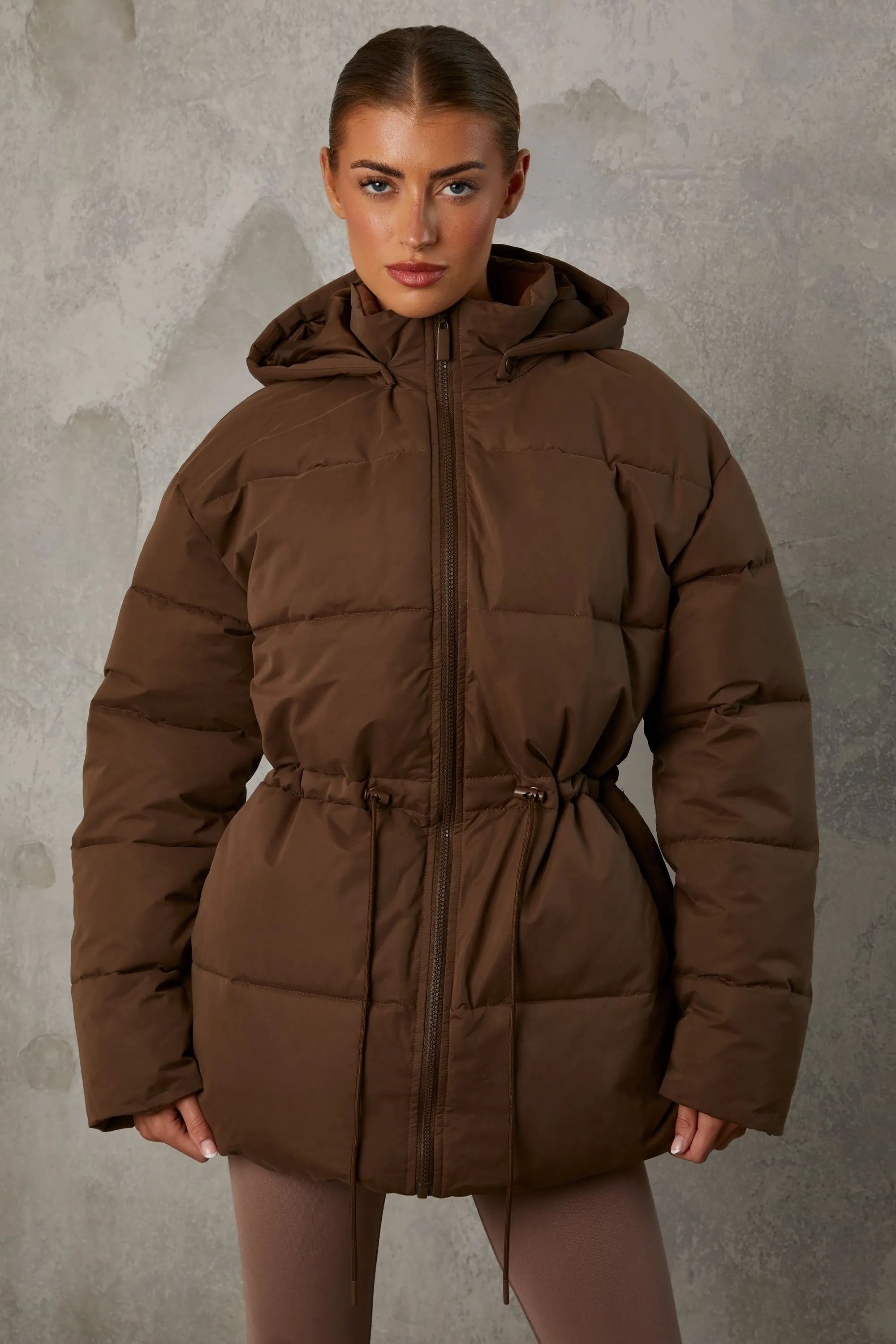 Snug - Mid Length Hooded Puffer Coat in Cocoa Brown