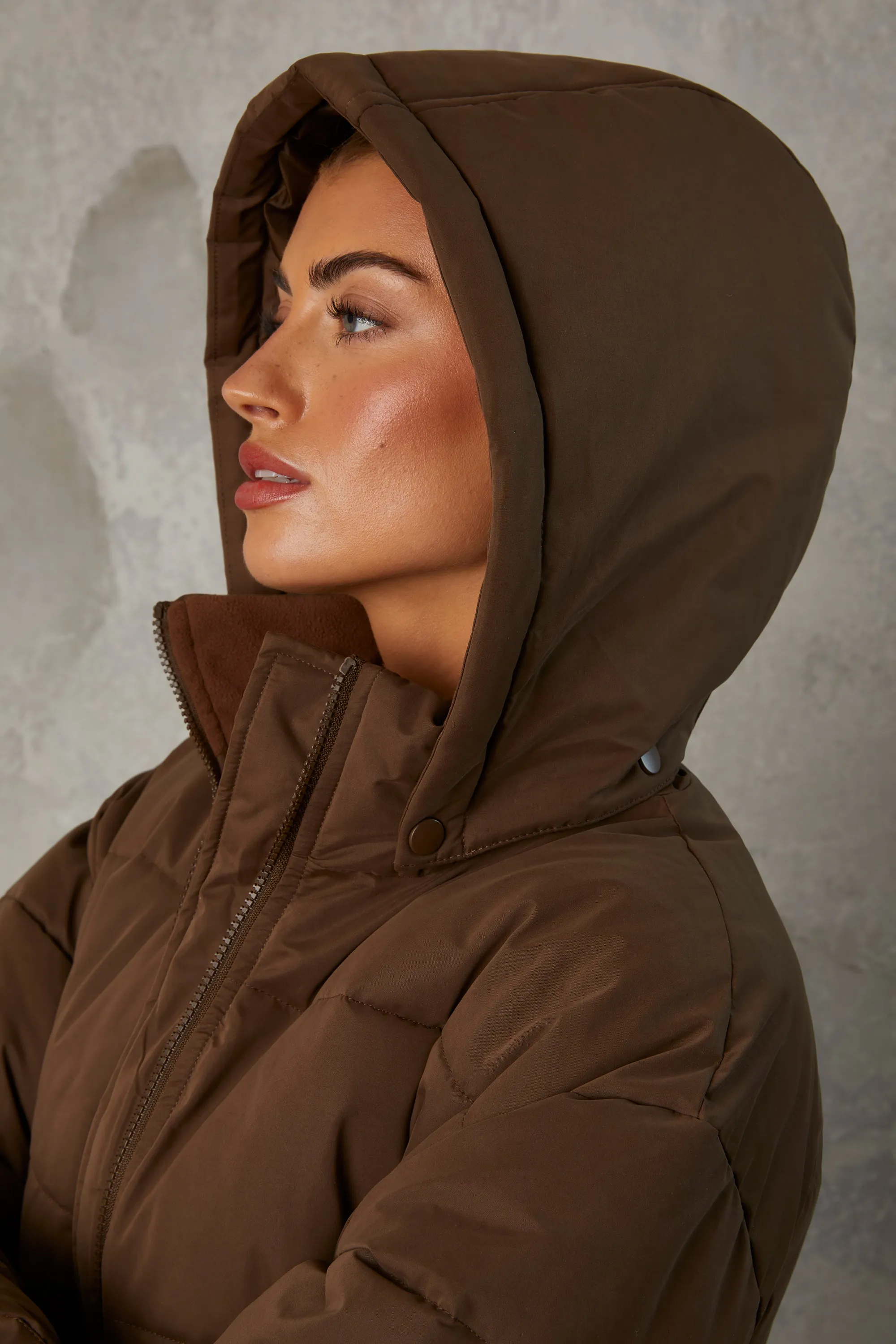 Snug - Mid Length Hooded Puffer Coat in Cocoa Brown