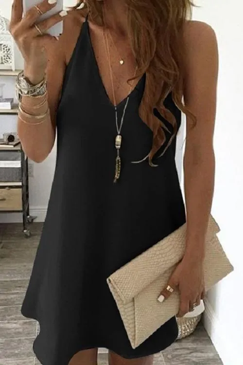 Solid V Neck Sleeveless Mini Dress