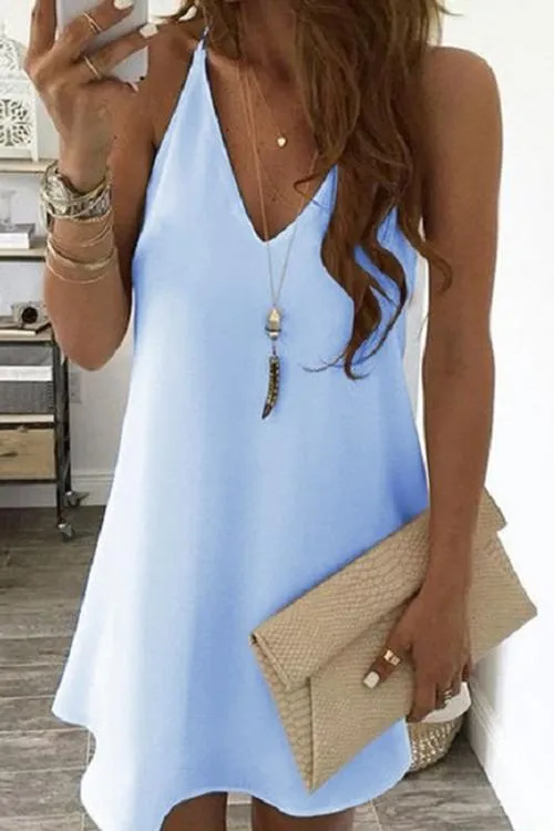 Solid V Neck Sleeveless Mini Dress