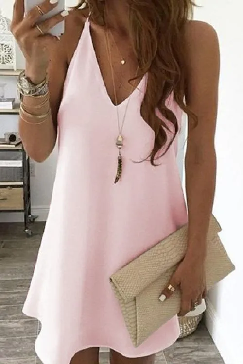 Solid V Neck Sleeveless Mini Dress