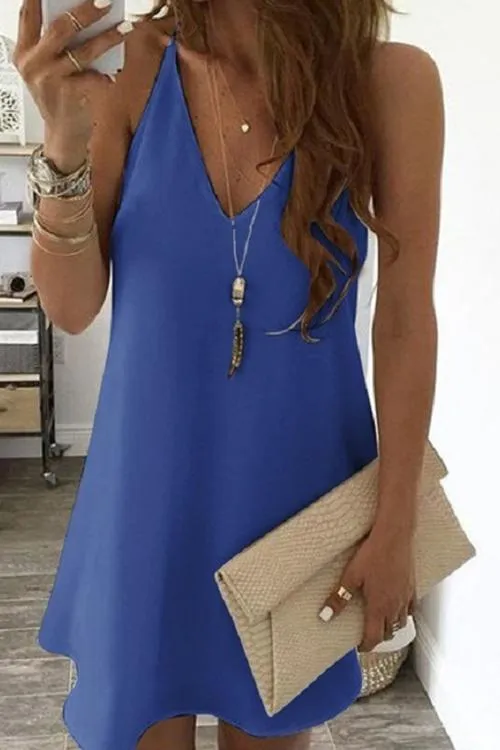 Solid V Neck Sleeveless Mini Dress