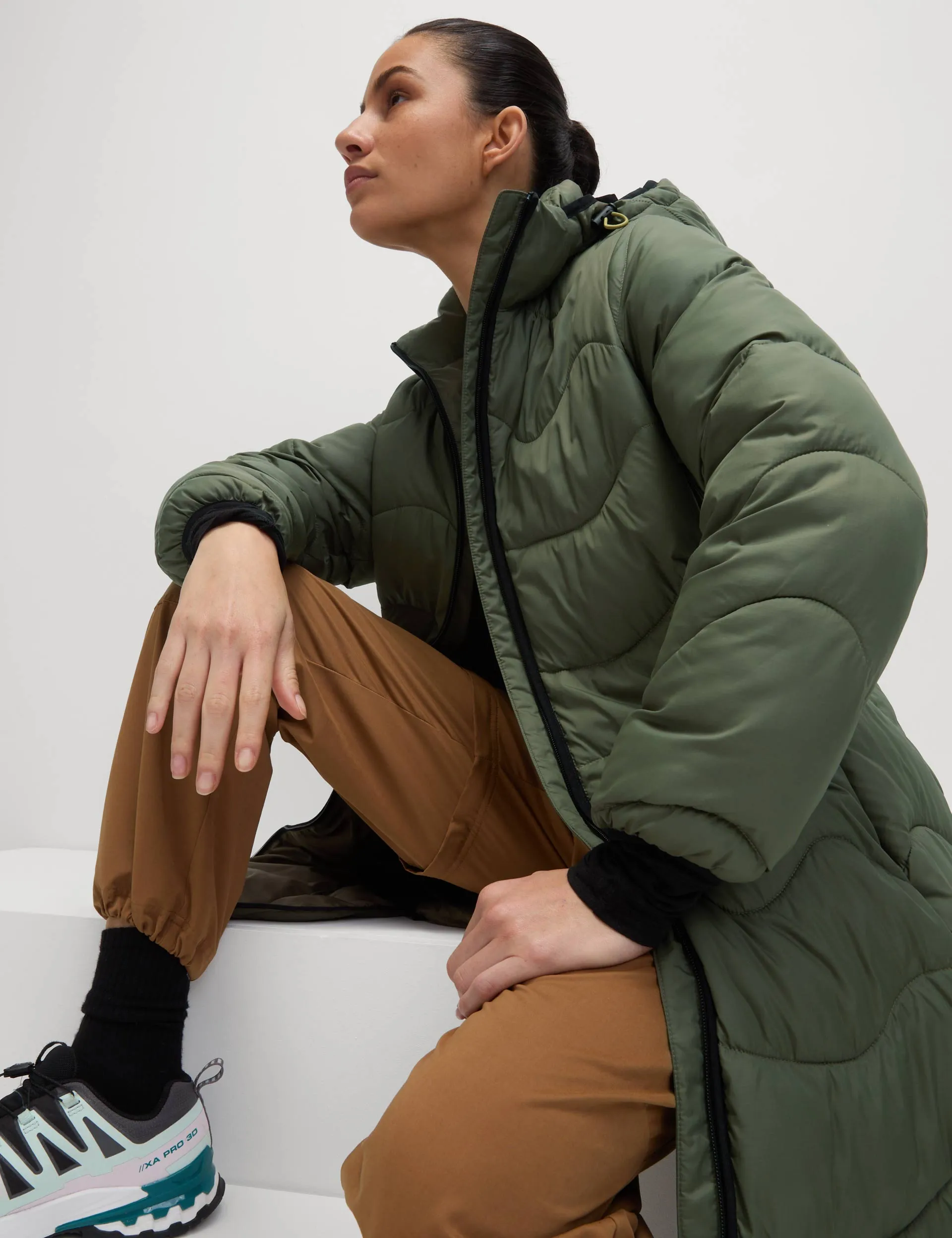 Stormwear Quilted Hooded Longline Puffer Coat - Dark Khaki
