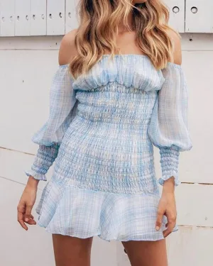 Strapless Off Shoulder Ruffle Frilly Grid Chiffon Mini Dress