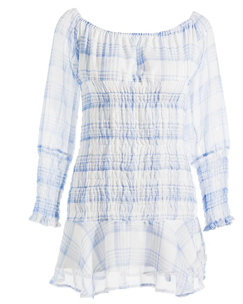 Strapless Off Shoulder Ruffle Frilly Grid Chiffon Mini Dress