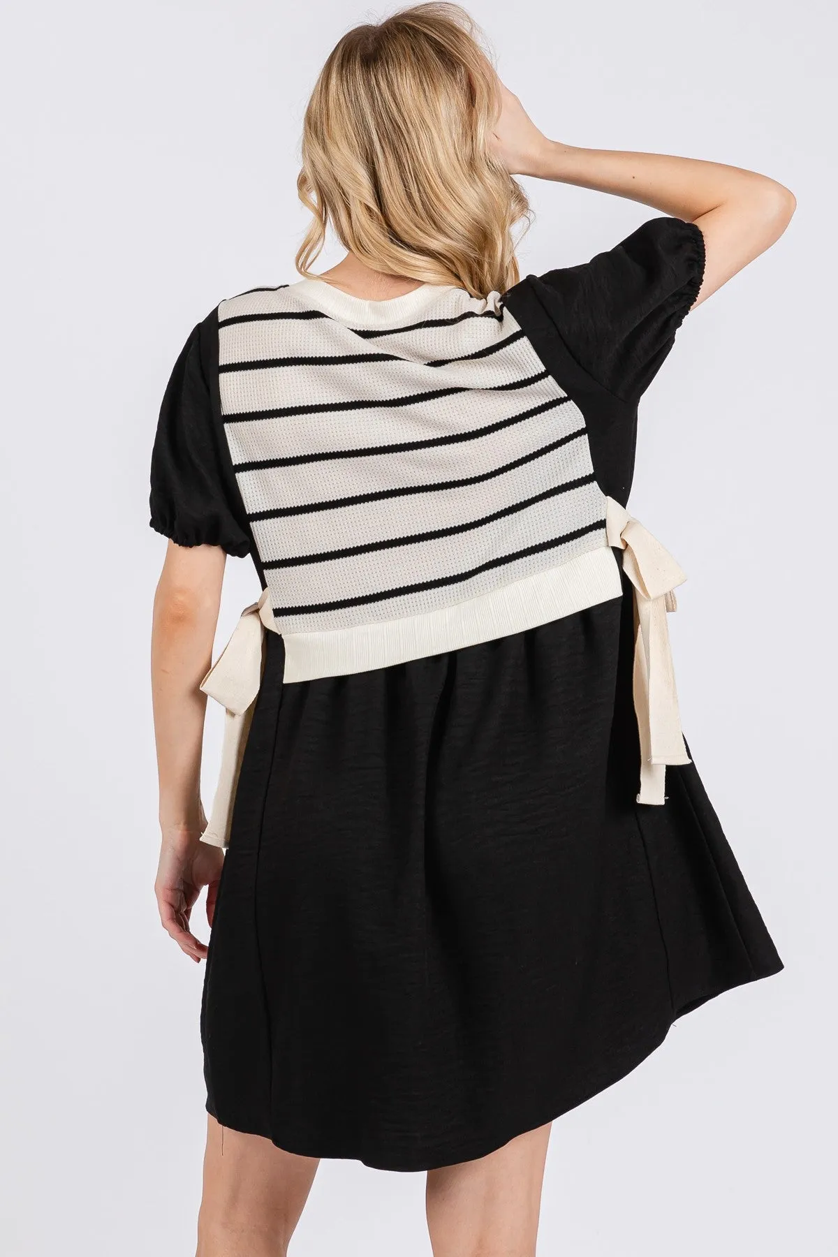 Striped Knit Panel Contrast Layered Mini Dress