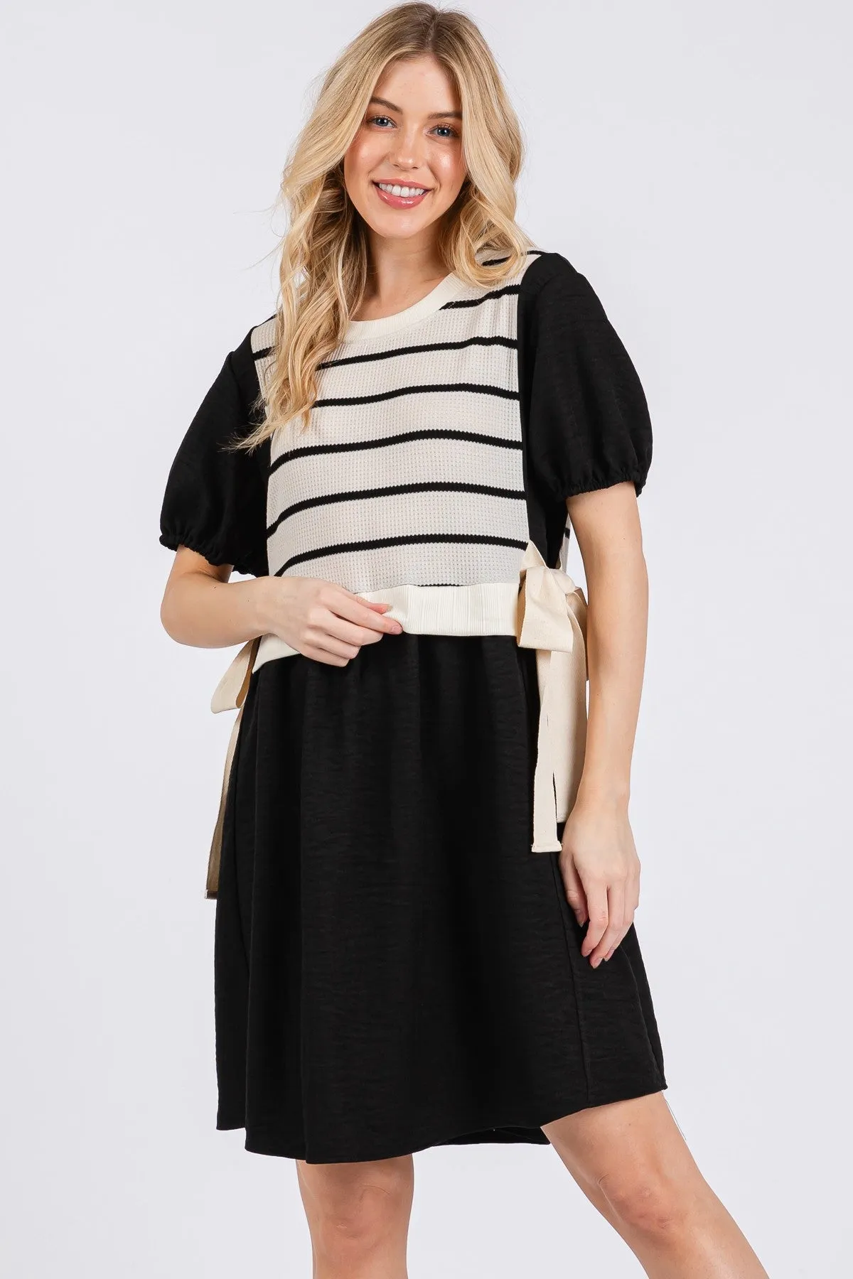 Striped Knit Panel Contrast Layered Mini Dress