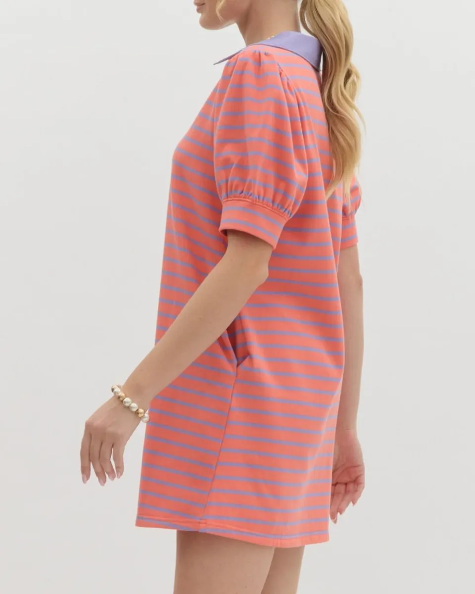 Striped Print Puff Sleeve Mini Dress in Grapefruit
