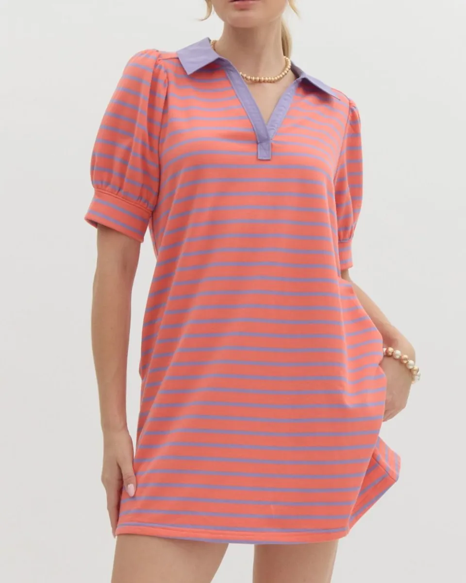 Striped Print Puff Sleeve Mini Dress in Grapefruit