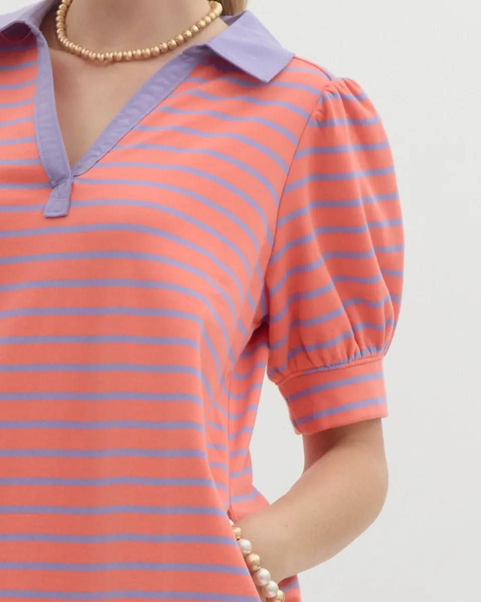 Striped Print Puff Sleeve Mini Dress in Grapefruit