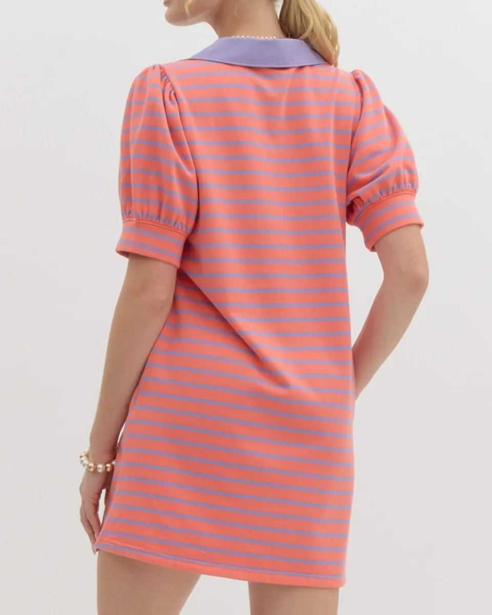 Striped Print Puff Sleeve Mini Dress in Grapefruit