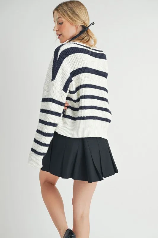 Striped V-Neck Button Down Cardigan