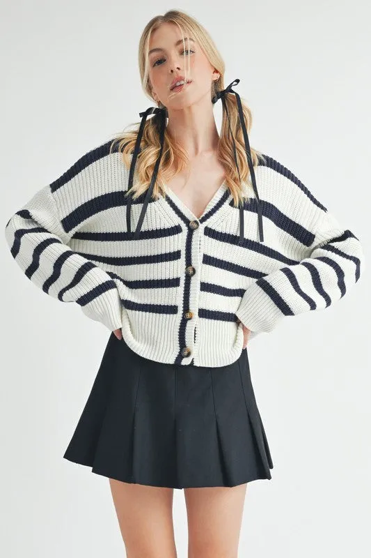Striped V-Neck Button Down Cardigan