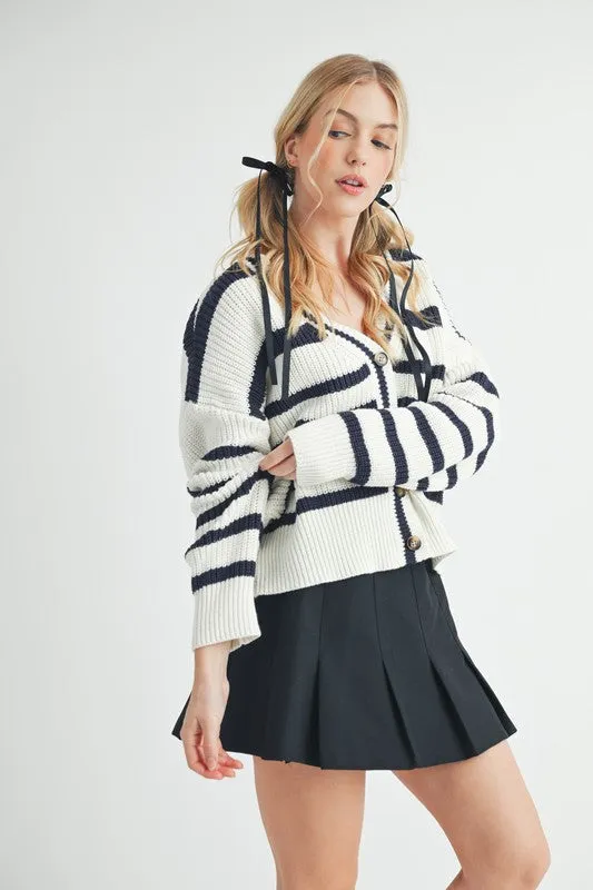Striped V-Neck Button Down Cardigan