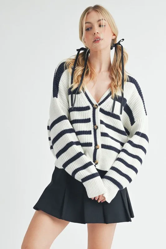 Striped V-Neck Button Down Cardigan