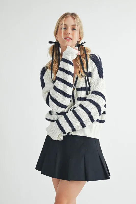 Striped V-Neck Button Down Cardigan