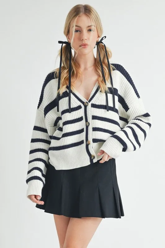Striped V-Neck Button Down Cardigan