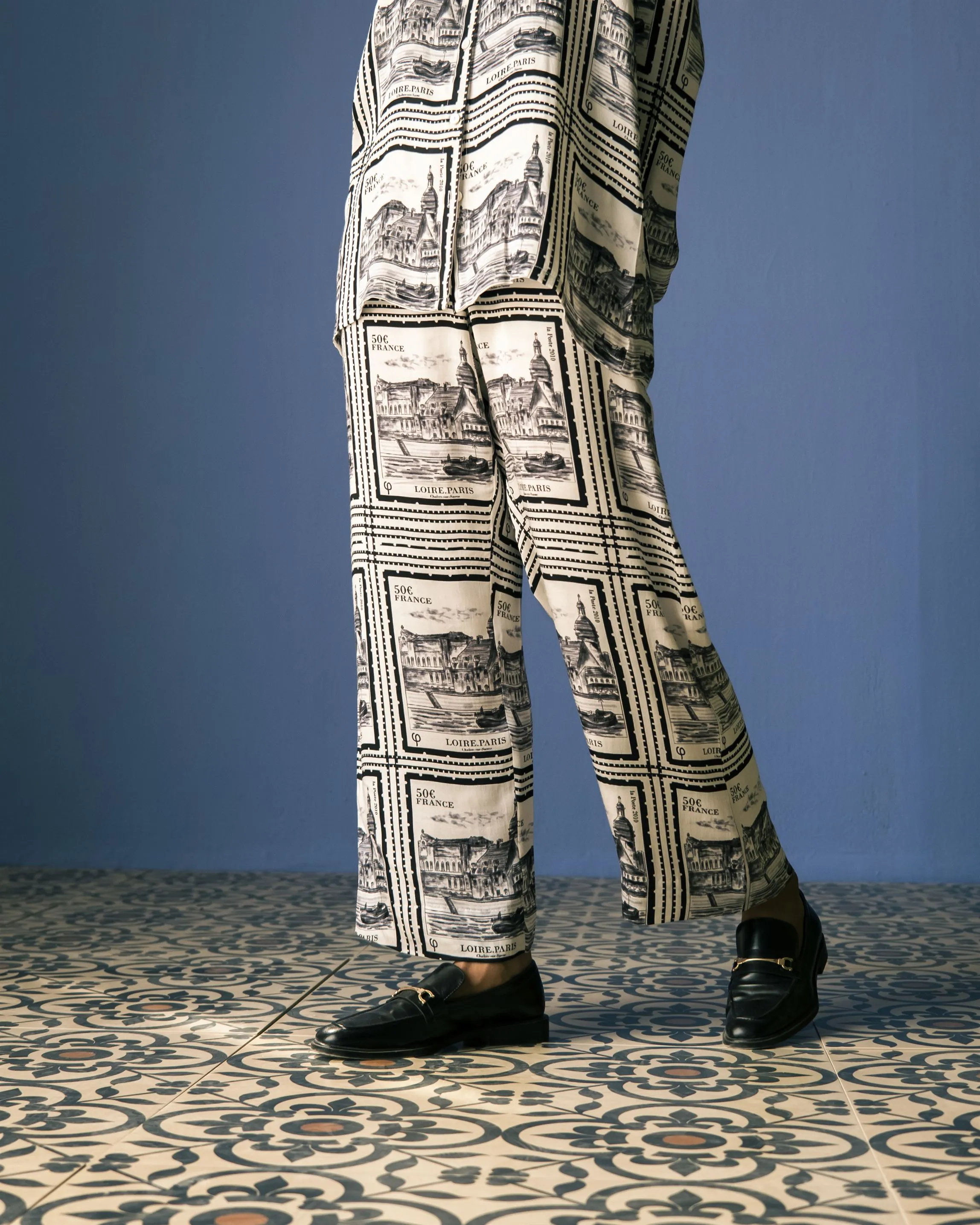 Studio Rigu   I   Paris Straight Trousers Printed Vegan Silk Paris Block Digital Print Srch036