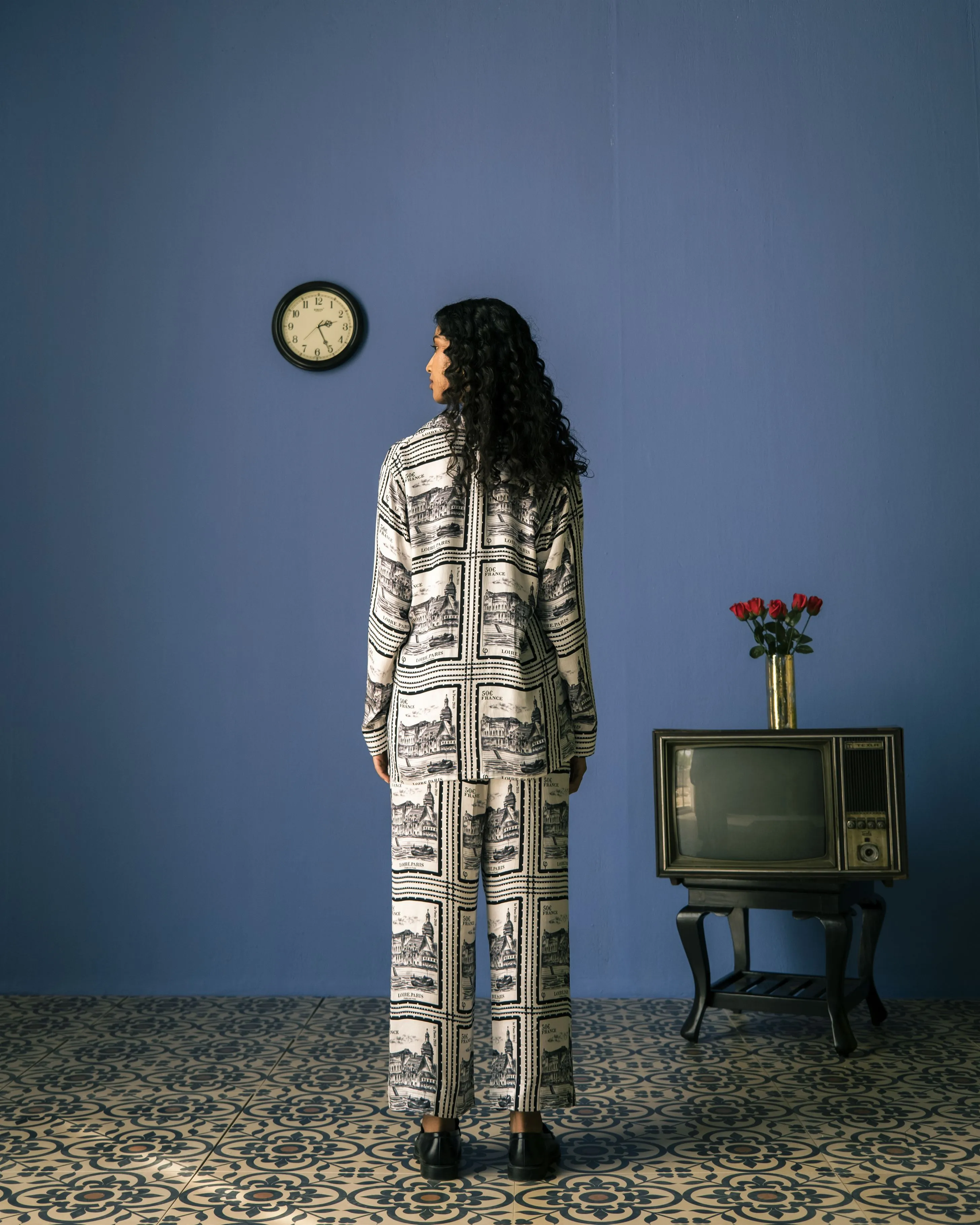 Studio Rigu   I   Paris Straight Trousers Printed Vegan Silk Paris Block Digital Print Srch036