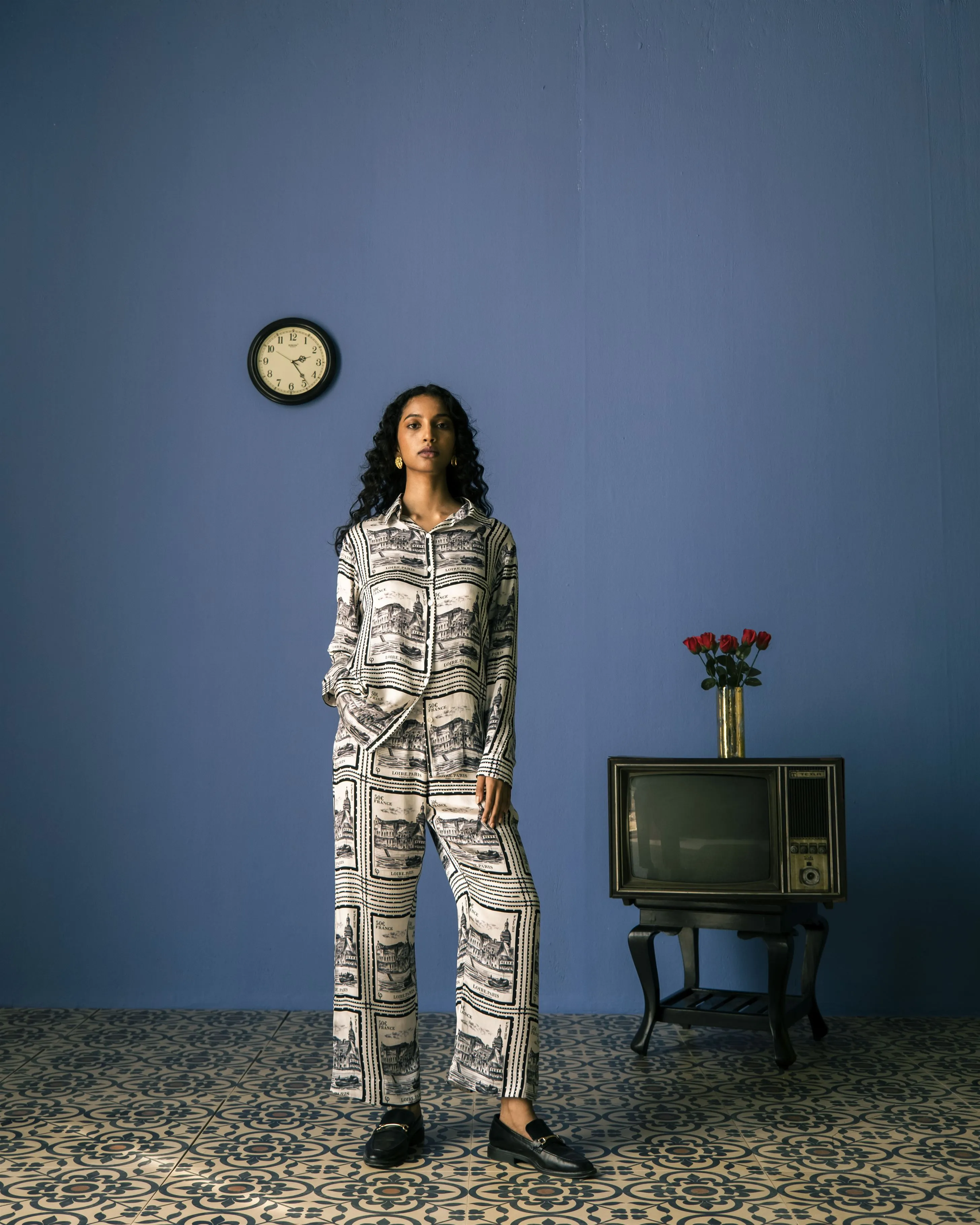 Studio Rigu   I   Paris Straight Trousers Printed Vegan Silk Paris Block Digital Print Srch036