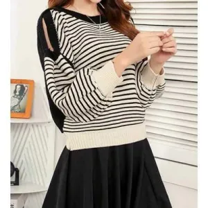 Stylish Round Collar Long Sleeve Striped Off-The-Shoulder Women's Sweater - White And Black One Size(fit Size Xs To M)
