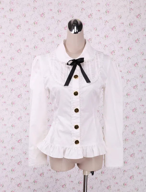 Sweet White Cotton Lolita Blouse Long Sleeves Lace Trim Bow